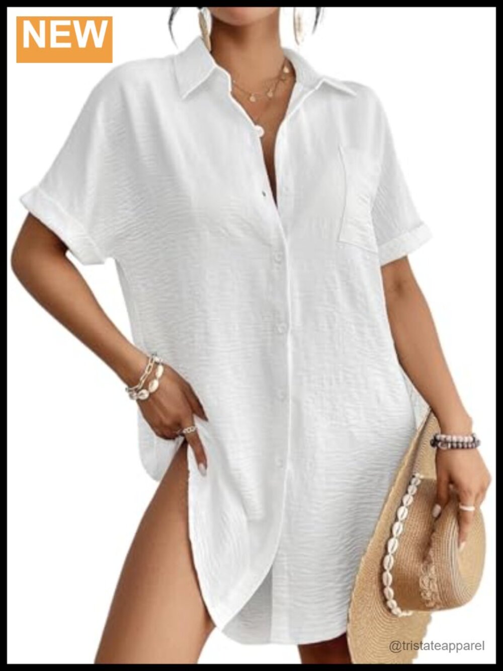 Women's Swim Cover Up Button Down Shirt Dress Short Sleeve Beach Vacation Outfit